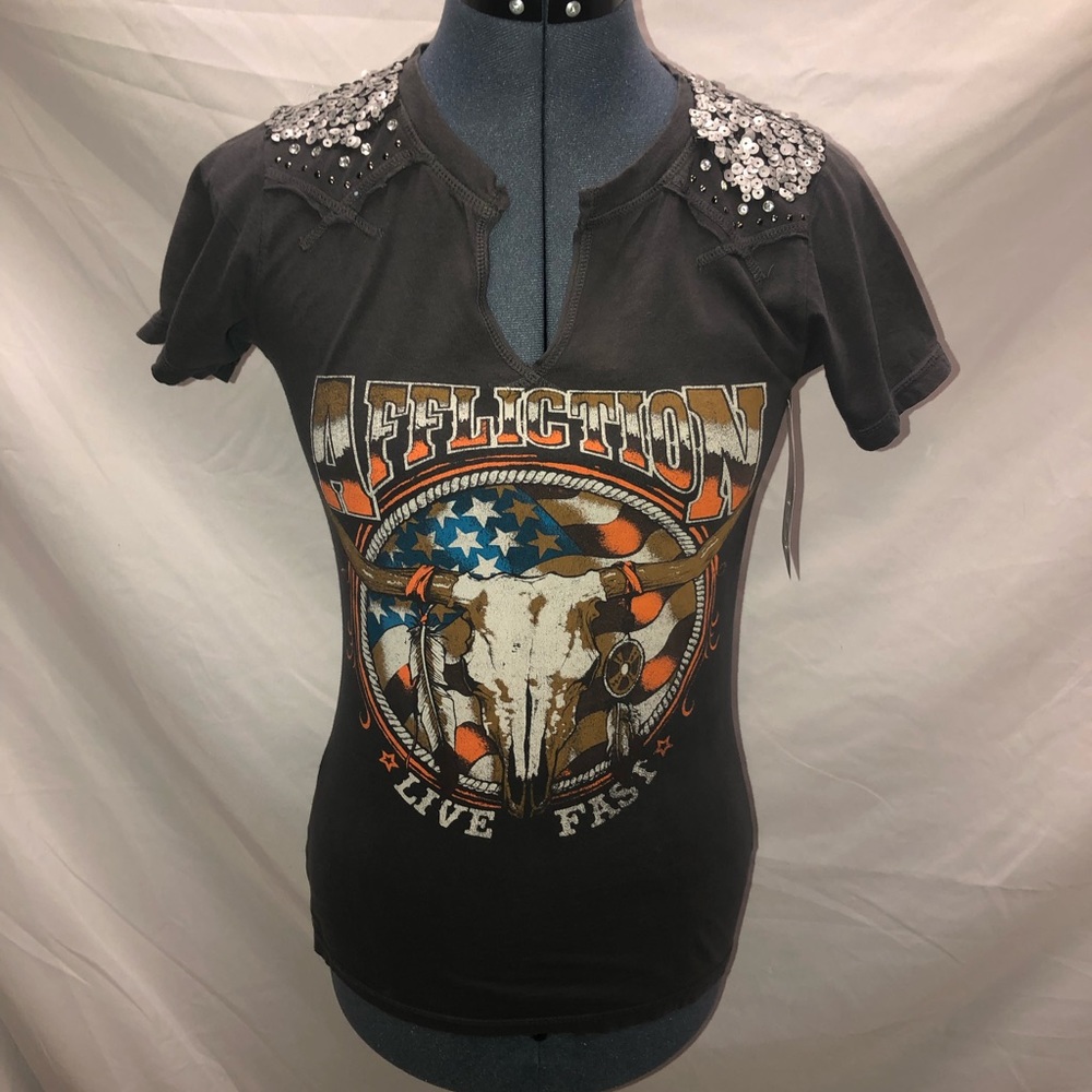 Affliction sequin shoulder T-shirt size M, NWT